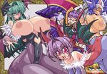  animal_ears animal_print aqua_hair bat_print blue_hair breasts breasts_outside bulleta cat_ears curvy demon_girl felicia flat_chest flipped_hair great_magami hat highres huge_breasts lei_lei leotard lilith_aensland long_hair morrigan_aensland multiple_girls narrow_waist navel nipples pantyhose pink_hair print_legwear puffy_nipples purple_eyes q-bee red_leotard short_hair succubus sweat vampire_(game) wide_hips wings yellow_eyes 