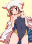  :o ai_hoshimiya bad_id bad_pixiv_id bangs blunt_bangs blush brown_eyes brown_hair competition_swimsuit hat hood hoodie hoodie_removed miniskirt_pirates one-piece_swimsuit poncho_s short_hair solo swimsuit tongue 
