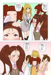  5girls ahoge alternate_hairstyle anger_vein blonde_hair brown_hair clenched_hand clueless comic forehead futami_ami futami_mami glasses green_eyes hair_brush hair_ornament hairpin hands_on_own_face hoshii_miki idolmaster idolmaster_(classic) laughing long_hair minase_iori multiple_girls open_mouth pink_eyes ponytail short_hair smile surprised takatsuki_yayoi tears translated twintails wata_do_chinkuru 