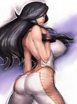 amemiya_tsubaki arched_back ass back black_hair bracelet breasts butt_crack corset covered_nipples from_behind fumio_(rsqkr) god_eater god_eater_burst hair_over_one_eye huge_breasts jewelry laces lips long_hair looking_back mole mole_under_mouth no_panties pants red_eyes solo 