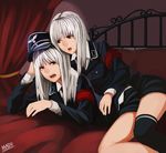  :d albino arm_strap bangs black_legwear blunt_bangs curtains gneisenau long_hair lying madu mole multiple_girls nazi on_bed open_mouth original personification red_eyes scharnhorst siblings signature silver_hair sisters smile thighhighs twins uniform zettai_ryouiki 