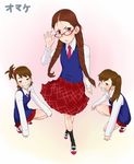  adjusting_eyewear alternate_hairstyle bespectacled braid brown_eyes brown_hair collared_shirt crossed_legs futami_ami futami_mami glasses grin hair_bobbles hair_ornament idolmaster idolmaster_(classic) minase_iori multiple_girls pink_eyes plaid plaid_skirt pleated_skirt red-framed_eyewear school_uniform shirt shoes side_ponytail skirt smile squatting standing sweater_vest teeth the_best_schoolmate_(idolmaster) twin_braids uwabaki wata_do_chinkuru 