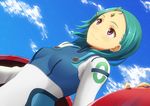  :3 aqua_hair bodysuit cloud day dutch_angle eureka eureka_seven_(series) eureka_seven_ao hair_ornament hairclip murata_isshin purple_eyes ringed_eyes sky solo 