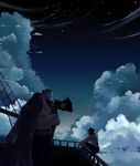  2boys cloud clouds crossed_arms crouch edward_newgate facial_hair hat jolly_roger male male_focus multiple_boys mustache night night_sky one_piece outdoors pirate pirate_flag portgas_d_ace ship sky squatting topless 