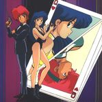  2girls 80s blue_eyes blue_hair dark_skin dirty_pair gun james_bond kei_(dirty_pair) kobayashi_satoko long_hair lowres multiple_girls oldschool parody red_hair short_hair weapon yuri_(dirty_pair) 