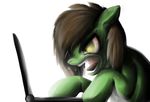  amber_eyes angry brown_hair computer equine hair horse laptop male mammal my_little_pony original_character plain_background pony saliva simple_background solo tongue twodeepony white_background 