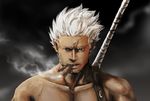  1boy cigar jitte looking_at_viewer male male_focus muscle one_piece smoke smoker smoking solo topless weapon white_hair 