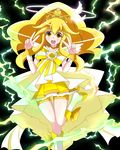 bike_shorts black_background blonde_hair boots bow choker crown cure_peace double_v electricity full_body hair_flaps halo highres kise_yayoi kotuzui_yositune long_hair magical_girl precure princess_form_(smile_precure!) ribbon shorts shorts_under_skirt skirt smile smile_precure! solo standing standing_on_one_leg v yellow yellow_bow yellow_choker yellow_eyes yellow_shorts yellow_skirt 