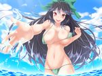  :d bikini black_hair blush bouncing_breasts breasts groin large_breasts long_hair navel negamaro open_mouth outstretched_arm reiuji_utsuho smile solo swimsuit touhou water 