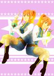  2girls belt boots breasts chastel_aiheap food gloves hisca_aiheap ice_cream long_hair multiple_girls orange_hair ponytail purple_background siblings sisters tales_of_(series) tales_of_vesperia tales_of_vesperia:_the_first_strike twins yellow_eyes 