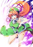  :d blood blue_eyes braid breasts hat hong_meiling kiku_hitomoji large_breasts long_hair open_mouth red_hair single_braid smile solo star torn_clothes touhou v-shaped_eyebrows 