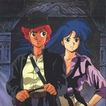  2girls 80s blue_eyes blue_hair dark_skin dirty_pair indiana_jones indiana_jones_(series) kei_(dirty_pair) long_hair lowres multiple_girls oldschool parody red_hair short_hair yuri_(dirty_pair) 