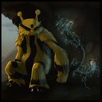  cave electivire electricity full_body gen_4_pokemon looking_at_viewer no_humans pokemon pokemon_(creature) red_eyes sitting solo 