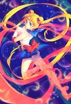  back_bow bishoujo_senshi_sailor_moon blonde_hair blue_background blue_eyes blue_sailor_collar blue_skirt bow choker double_bun full_body gina_chacon gloves hair_ornament hairpin henshin long_hair looking_back magical_girl panties pink_panties pleated_skirt red_bow ribbon sailor_collar sailor_moon sailor_senshi_uniform skirt smile solo tiara tsukino_usagi twintails underwear white_gloves 