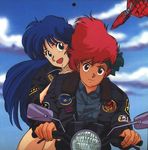  80s blue_eyes blue_hair dark_skin dirty_pair jacket kei_(dirty_pair) leather leather_jacket long_hair lowres motor_vehicle motorcycle multiple_girls oldschool parody red_hair short_hair top_gun vehicle yuri_(dirty_pair) 