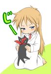  blue_eyes blush_stickers cat kneeling labcoat long_hair neckerchief necktie nichijou pout professor_shinonome sakamoto_(nichijou) simple_background sweatdrop ubizo 