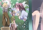 1girl ass bangs bent_over blush bottomless breasts doggystyle farmer fat fat_man glory_hole happy_sex heavy_breathing kabeshiri_benjo_homeless_you large_breasts public_sex red_hair sex shirt stealth_sex sweat taiyaki_(artist) through_wall tree v vaginal window 
