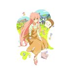  artist_request bread chibi dress fairy_(jintai) food green_eyes highres jinrui_wa_suitai_shimashita long_hair open_mouth pink_hair smile solid_circle_eyes watashi_(jintai) 