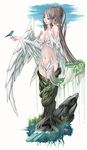  bird breasts brown_eyes brown_hair cleavage dryad feathers highres leaf long_hair medium_breasts monster_girl nature navel nizuma original smile solo tree very_long_hair white_wings wings 