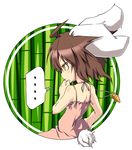  1girl animal_ears brown_hair bunny_ears bunny_tail carrot dress inaba_tewi jewelry noya_makoto pendant short_hair solo tail thought_bubble touhou yellow_eyes 