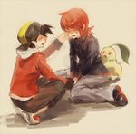  backwards_hat bangs baseball_cap black_hair chikorita crying gen_2_pokemon gold_(pokemon) hat male_focus multiple_boys pokemon pokemon_(creature) pokemon_(game) pokemon_hgss red_hair sad silver_(pokemon) sitting smile tears tetsuko_(tetsuko009) 