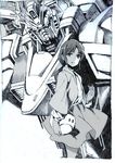  greyscale gundam highres holding long_hair mecha monochrome nobita shakti_kareen solo traditional_media v_gundam victory_gundam 