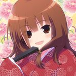  blush brown_eyes brown_hair fan hyuuga_takashi japanese_clothes kimono lowres mihirogi_uta saki saki_achiga-hen short_hair smile solo 