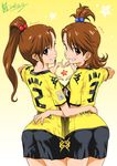  2girls arm_around_waist ass borussia_dortmund brown_eyes brown_hair dated from_behind futami_ami futami_mami grin hair_bobbles hair_ornament heart heart_hands idolmaster inoue_sora long_hair multiple_girls pantylines photoshop shorts siblings side_ponytail sisters smile soccer_uniform sportswear star stars topknot twins 