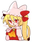  1girl animal_ears ascot back_bow bell blonde_hair bow cat_ears cat_girl cat_tail collared_shirt crystal fang flandre_scarlet frilled_shirt_collar frilled_sleeves frills hat hat_ribbon highres jingle_bell medium_hair mob_cap one_side_up op_na_yarou puffy_short_sleeves puffy_sleeves red_eyes red_ribbon red_vest ribbon shirt short_sleeves simple_background slit_pupils solo tail touhou vest white_background white_headwear white_shirt wings wrist_cuffs yellow_ascot 