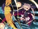  bardiche belt black_legwear blonde_hair bow buckle cape fate_testarossa gloves hair_bow kouzuki_hajime long_hair lyrical_nanoha mahou_shoujo_lyrical_nanoha red_eyes scythe skirt solo thighhighs twintails very_long_hair 