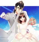  1girl alternate_costume bad_id bad_pixiv_id bouquet brown_eyes brown_hair dress dress_shirt fist_pump flower formal gloves grin kamen_rider kamen_rider_fourze_(series) kisaragi_gentarou kotono misaki_nadeshiko necktie pompadour shirt short_hair sky smile star_(sky) starry_sky suit veil wedding_dress 