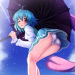  ahoge aosuke_(ayakawa_akito) ass blue blue_hair blue_sky cloud commentary_request day fang karakasa_obake lace lace-trimmed_panties long_sleeves one_eye_closed panties purple_umbrella red_eyes short_hair skirt sky smile solo tatara_kogasa teasing tongue touhou umbrella underwear upskirt white_panties 