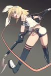  animal_ears bad_id bad_pixiv_id blonde_hair blue_eyes bunny_ears bunny_tail hair_ornament hairclip kagamine_rin kemonomimi_mode looking_at_viewer looking_back matsuki_ringo microphone_stand short_hair smile solo tail thighhighs vocaloid 