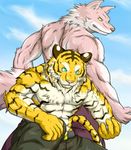  abs anthro barazoku belt biceps big_muscles canine clothing duo feline flexing fur green_eyes male mammal muscles pants pecs pink_fur pose tiger topless wildheit wolf yellow_eyes 