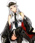  1girl azur_lane bare_shoulders black_coat black_neckwear blush boots closed_mouth coat collared_shirt commentary_request enterprise_(azur_lane) eyebrows_visible_through_hair hat highres indoors legs_crossed looking_at_viewer military military_hat miniskirt necktie off_shoulder open_clothes open_coat otsunabe_(naabe_delta) peaked_cap shirt silver_hair sitting skirt sleeveless sleeveless_shirt smile thighs underbust white_background white_hat 
