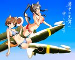  animal_ears bikini black_hair brown_eyes brown_hair dakian dog_ears fan hattori_shizuka long_hair miyafuji_yoshika multiple_girls ponytail shochuumimai short_hair strike_witches striker_unit swimsuit tail world_witches_series 