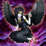  armband black_hair bracelet dress duel_monster fabled_grimro feathers headdress heels high_heels jewelry levitating necklace pointing red_eyes ring rings shoes sitting tiara wings yu-gi-oh! 