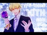  blonde_hair bow bowtie fate/zero fate_(series) flower formal gilgamesh hisohiso_(altoblue) letterboxed male_focus purple_flower purple_rose red_eyes rose solo suit 