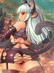  animal_ears ass blue_hair blush cat_ears cat_tail demon_wings elbow_gloves garter_straps gloves hands_on_hips horns long_hair looking_at_viewer looking_back original plump shigatake solo tail thighhighs wings yellow_eyes 