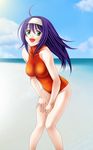  :d bad_id bad_pixiv_id beach day fire_emblem fire_emblem:_souen_no_kiseki green_eyes hairband headband highres long_hair one-piece_swimsuit open_mouth purple_hair smile swimsuit tamamon turtleneck wayu_(fire_emblem) white_hairband 