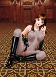 bodystocking boots breasts brown_eyes brown_hair censored highres large_breasts navel nipples no_bra original pubic_hair pussy solo yui_toshiki 