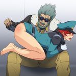  1girl age_difference anger_vein aqua_hair ass bare_legs barefoot beard bottomless closed_eyes dildo facial_hair flit_asuno gloves goggles gundam gundam_age gureko_rouman hat hetero military military_uniform mustache natora_einus old_man open_mouth peaked_cap red_hair short_hair sitting spanked sweat tears toe_scrunch uniform 