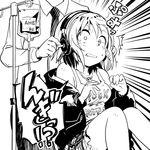  1girl brain_injection clothes_writing greyscale headphones idolmaster idolmaster_cinderella_girls intravenous_drip monochrome necktie partially_translated short_hair sitting skirt speech_bubble tada_riina tank_top translation_request watarai_keiji 