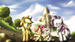  amber_eyes apple_bloom_(mlp) applebloom_(mlp) applejack_(mlp) blonde_hair blue_eyes cloud clouds cowboy_hat cub cutie_mark detailed_background equine eye_contact female feral fongsaunder friendship_is_magic green_eyes group hair hat horn horse mammal map mountain my_little_pony nature outside paper pointing pony purple_hair rarity_(mlp) red_hair saddle_bag saddlebag scarf sibling sisters sitting smile sweetie_belle_(mlp) tree unicorn wood young 