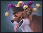  bell bells black_nose border bust canine ear_fluff ears_up feral fox fur gradient_background grey_background hat hibbary jester jester_hat lolling looking_at_viewer male mammal open_mouth orange_eyes orange_fur pink_tongue plain_background pointy_ears portrait quadruped slit_pupils solo tongue tongue_out trickster whiskers white_fur yellow_eyes 