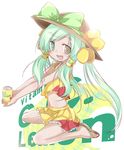  :d aqua_hair bad_id bad_pixiv_id c.c._lemon c.c._lemon_(character) can character_name copyright_name fang hair_tubes hat heterochromia holding long_hair midriff navel open_mouth sandals skirt smile solo yumesato_makura 
