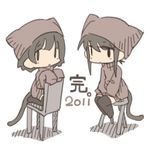  2girls animal_ears brown_hair chair crab_man hat lowres multiple_girls open_mouth original sitting sleeves_past_wrists sweater tail thighhighs translated zettai_ryouiki |_| 