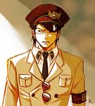  1boy alternate_costume black_hair earrings frown hat hat_over_one_eye impel_down jewelry male male_focus necktie officer one_piece open_mouth scar simple_background sir_crocodile solo sunglasses uniform 