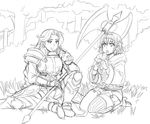  :t apple armor ashley_(poison_pink) axe banana crossover eating fire_emblem fire_emblem:_souen_no_kiseki food fruit greaves greyscale hair_intakes huge_weapon kekekeke long_hair monochrome multiple_girls pauldrons poison_pink seiza short_hair single_thighhigh sitting sketch thighhighs tiamat_(fire_emblem) vambraces weapon 