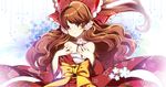  bad_id bad_pixiv_id bandages bare_shoulders bow brown_hair flower hair_bow hair_flower hair_ornament hakurei_reimu long_hair looking_at_viewer red_eyes roh_nam_kyung sarashi smile solo touhou 